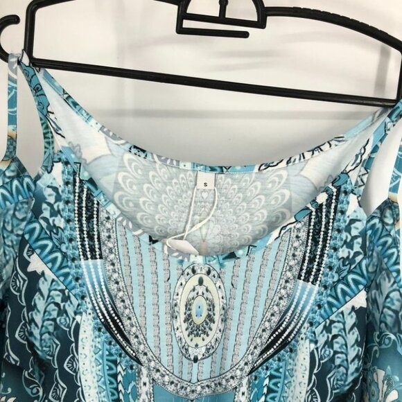 NWT teal blue cold  shoulder peacock print dress small - Picture 8 of 16